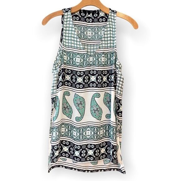 Olivaceous S Green Black Paisley Flowy Sleeveless Summer Relaxed Side Slit Top - Picture 1 of 8